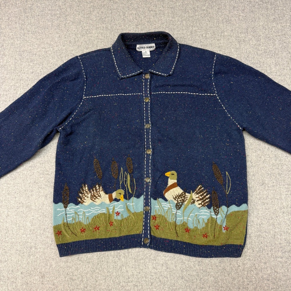 Alfred Dunner Cardigan Sweater XL Navy Blue Embroidered Duck Vintage Knit Button